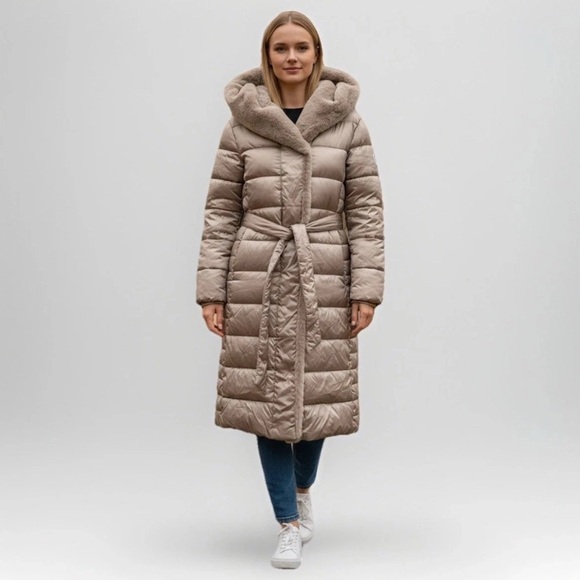 New Centigrade Champagne Gold XL Long Puffer Coat Faux Fur Hood Trim Belted - Picture 2 of 12